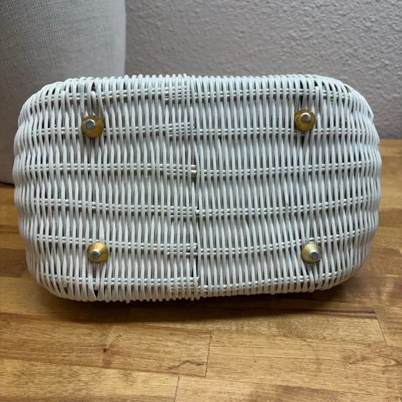 Vtg 50s 60s White Wicker Box Purse Marbled Lucite Lid NSB Japan + Spare Handle - Picture 3 of 10